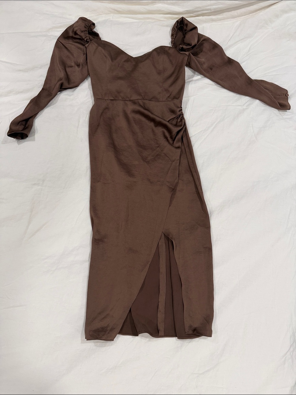 Aritzia Brown Puff-Sleeve Wrap Midi Dress